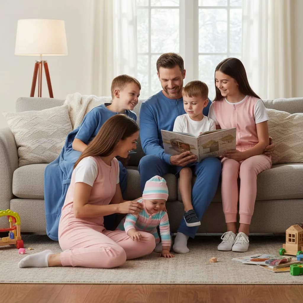 Familie auf dem Sofa: die Kinder und die Eltern in Kleidung aus dem Shop